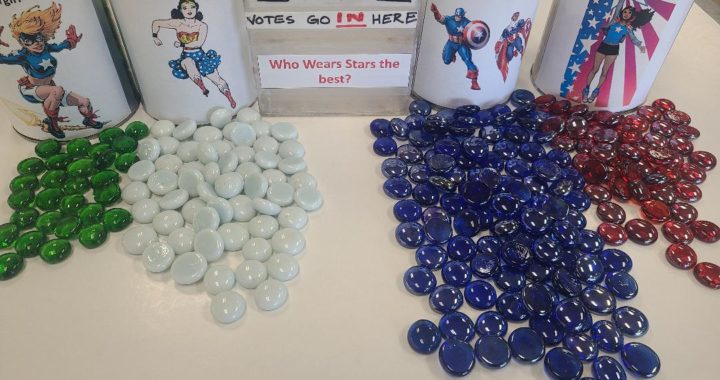 Your votes are in, and most of you think that the Captain Americas wear the stars the best. They might have had a small advantage in that the vote took place over 4th of July. --Captain America 50% --Wonder Woman 24% --America Chavez 13% --Stargirl 13% Thanks to all who voted. A new vote starts right away.