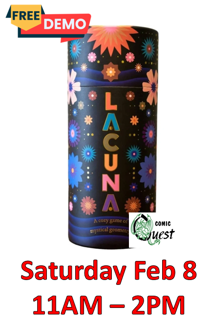 FREE Board Game Demo: Lacuna Saturday Feb 8 11am - 2pm Comic Quest is providing FREE demos of a fun board game. Learn in a couple of minutes, it might be your next favorite game. Also, a discount on the game! Lacuna is a game for 2 players about collecting flowers on a pond at night. It takes seconds to set up and plays entirely on a cloth mat. The rules are simple: draw an imaginary line between 2 flowers, place a pawn, and collect both flowers. 