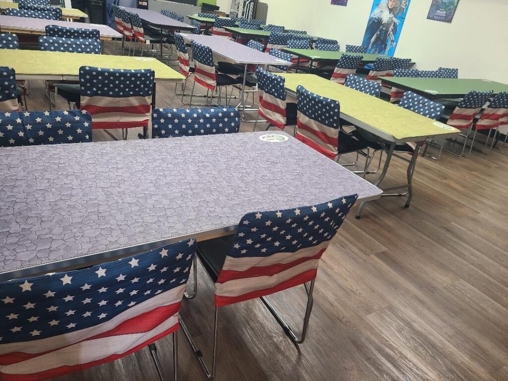 The decorations are going up.  We've got the event room ready with some patriotism.
Don't forget the FREE holiday dice on Friday July 4th.
And if you want to be in our 4th of July parade (and have costume) , contact us.
